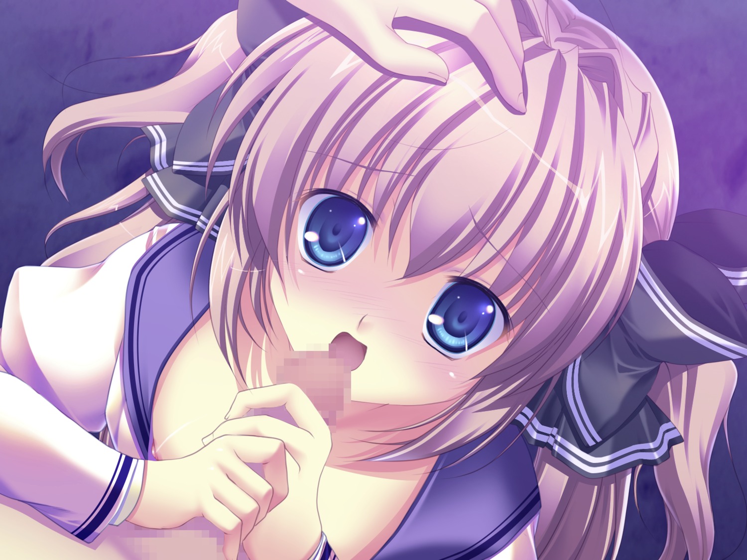 1boy 1girls blue_eyes blush brown_hair censored fellatio female game_cg hair male mikeou mirai_asuka nanairo_kouro nipples oral penis rule34 seifuku
