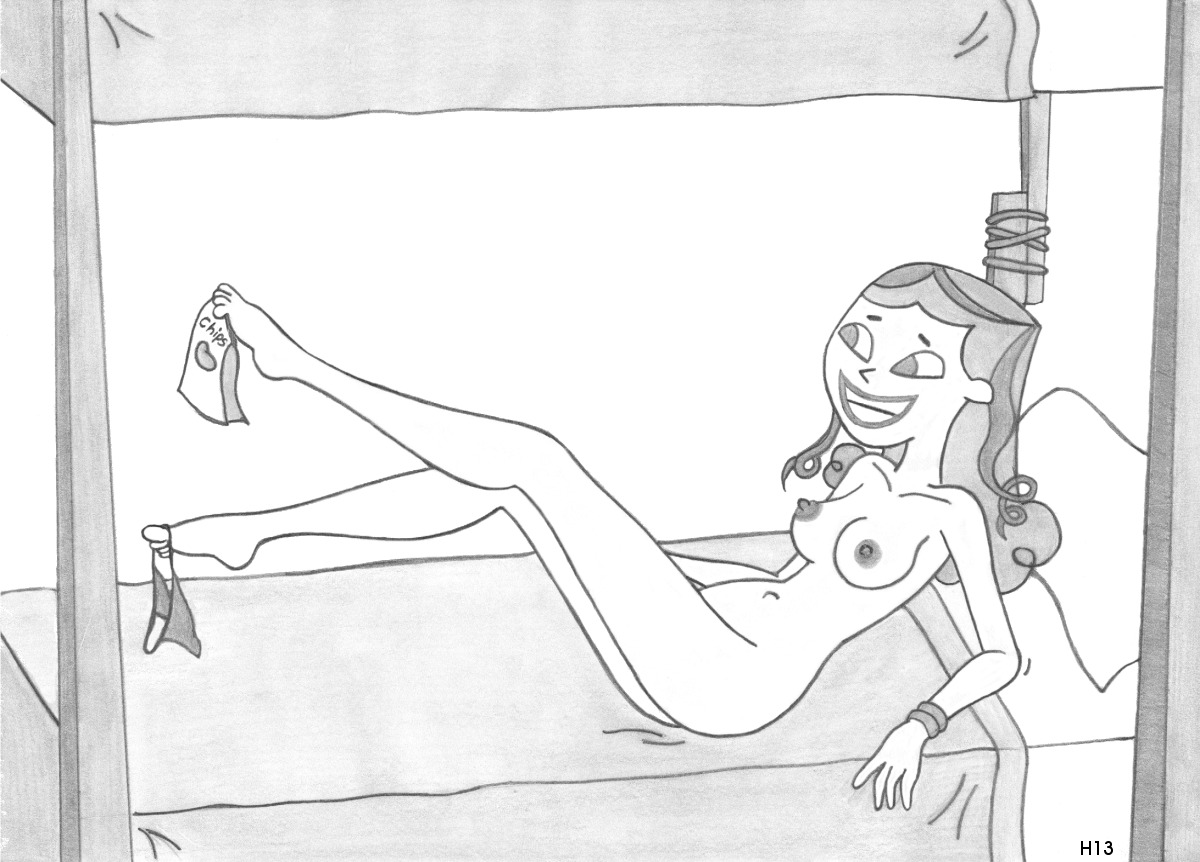 bed breasts female female_only h13 human izzy_(tdi) monochrome rule34 smile solo straight_hair teasing total_drama_island