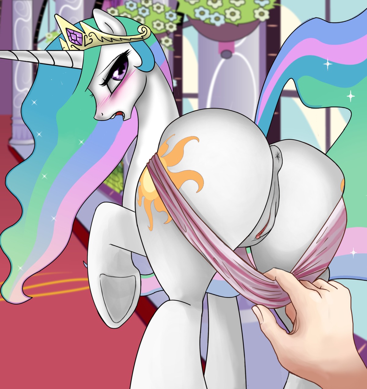 2013 absurd_res ambiguous_gender anus bestiality big_butt blush butt clothed clothing clothing_pull crown cutie_mark disembodied_hand duo e621 equid equine female feral friendship_is_magic fur genitals hair hasbro headgear hi_res hooves horn horse human human_on_feral inside interspecies john_joseco kinkypinkie long_hair looking_back mammal multicolored_hair my_little_pony panties panties_down panty_pull partially_clothed pony presenting presenting_hindquarters presenting_vulva princess_celestia_(mlp) purple_eyes raised_leg raised_tail rammbrony standing tail third-party_edit underwear underwear_down underwear_pull undressing vulva white_body white_fur
