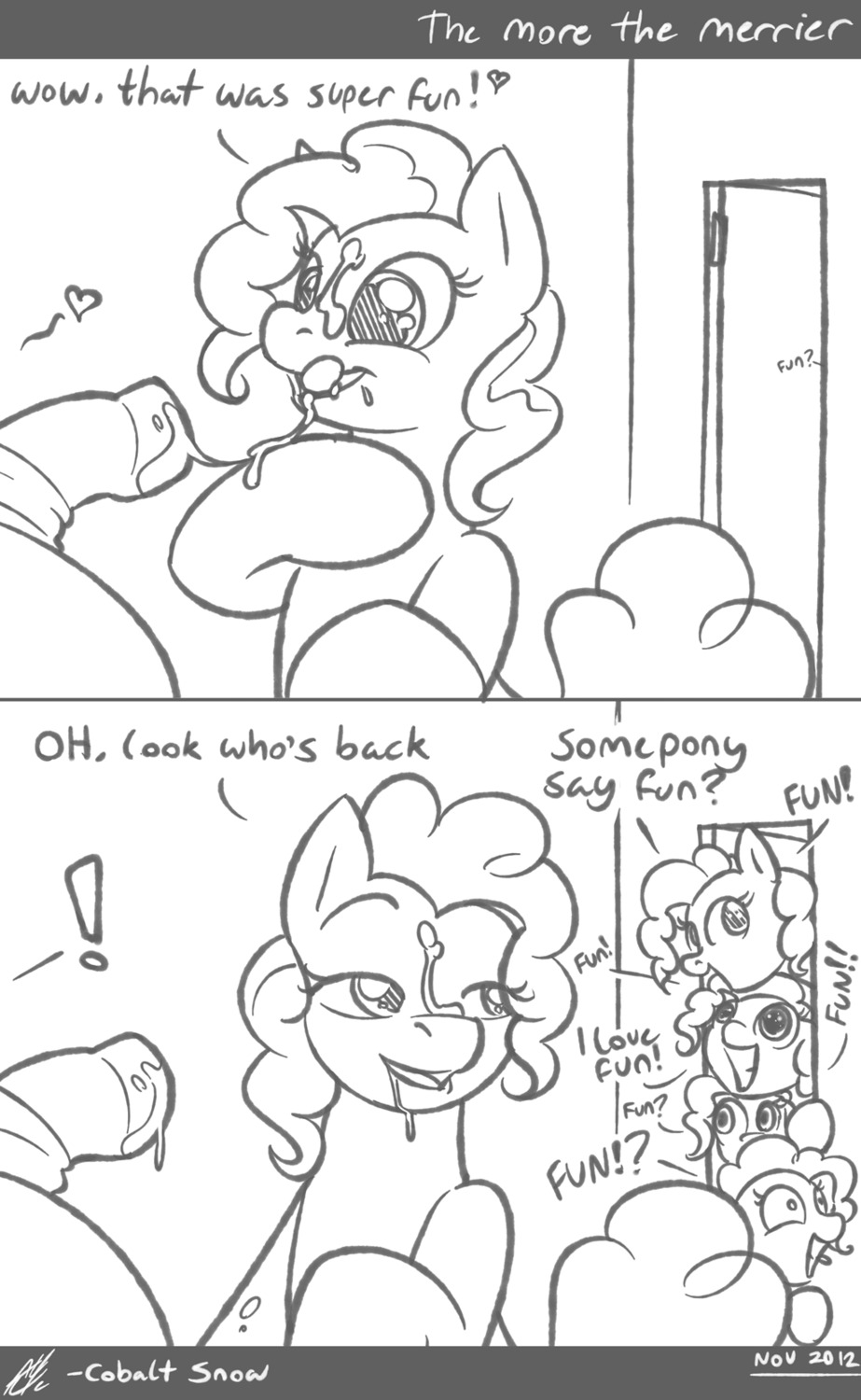 2012 after_sex animal_genitalia animal_penis bodily_fluids clone cobalt_snow comic conditional_dnp cum cum_on_face dialogue digital_drawing_(artwork) digital_media_(artwork) door e621 earth_pony english_text equid equine equine_genitalia equine_penis exclamation_point faceless_character faceless_male female feral friendship_is_magic genital_fluids genitals group half-closed_eyes half-erect hasbro heart_symbol hi_res horse inside letterbox licking licking_lips line_art male mammal monochrome my_little_pony narrowed_eyes open_mouth penis pinkie_pie_(mlp) pony self_lick signature simple_background sitting smile text tongue tongue_out white_background