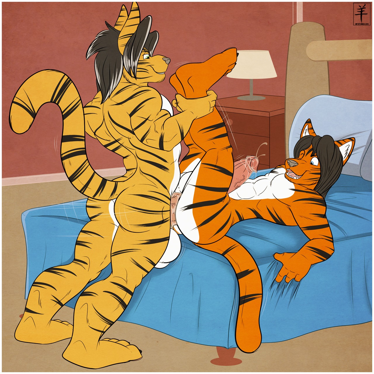 1:1 2013 aaron_(artist) abs anal anal_penetration animal_genitalia anthro athletic balls bed bedroom biceps big_balls big_muscles big_penis black_body black_fur black_hair blue_eyes bodily_fluids border butt claws deep_penetration digital_media_(artwork) duo e621 erection fangs felid fur furniture genital_fluids genitals grabbing_sheets green_eyes grey_hair grey_nose grin hair hi_res humanoid_genitalia humanoid_penis inside lamp leaking legs_up lying male male/male male_penetrated male_penetrating male_penetrating_male mammal markings multicolored_hair muscular muscular_male nude on_back one_eye_closed open_mouth orange_body orange_fur pantherine pecs penetration penis pillow precum sex sheath smile standing stripes table table_lotus_position tan_body tan_fur teeth thick_penis tiger toe_claws tongue two_tone_hair vein white_body white_border white_fur wink