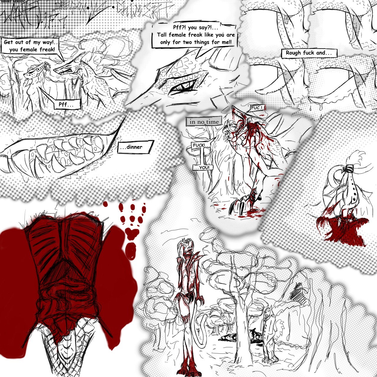 1:1 2010 angry argument bite black_and_white_and_red blood bodily_fluids breasts chimera claws comic digital_drawing_(artwork) digital_media_(artwork) disembowelment dragon duo_focus e621 english_text erection female genitals gore group growth guts hi_res horn hybrid intestines kunako male mythological_creature mythological_scalie mythology nude organs penis scalie snuff tail text violence