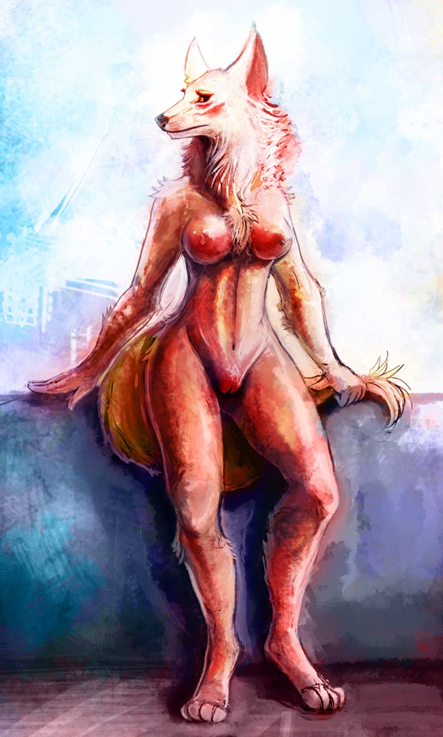 anthro breasts canid canine canis chest_tuft digital_media_(artwork) digital_painting_(artwork) digitigrade e621 female front_view full-length_portrait fur genitals mammal nude painting_(artwork) portrait solo tail tuft vulva watsup wolf