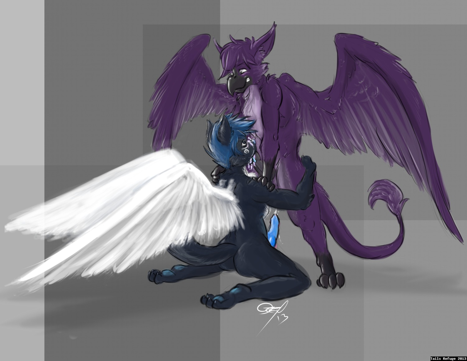 abstract_background alex_g_shep anthro avian beak blue_hair blue_penis bodily_fluids canid canine canis colored_cum cum cum_in_mouth cum_inside cum_on_face domestic_dog duo e621 erection feathered_wings feathers feet fur genital_fluids genitals german_shepherd gryphon hair herding_dog hi_res kneeling kneeling_oral_position licking male male/male male_penetrated male_penetrating male_penetrating_male mammal mythological_avian mythological_creature mythology nude oral ozzy_the_roo pastoral_dog penetration penile penis penis_lick purple_body purple_cum purple_feathers purple_fur purple_hair romantic romantic_couple sex simple_background standing tail talons toes tongue tongue_out unusual_bodily_fluids unusual_cum unusual_genital_fluids vinny_k_hawk wings