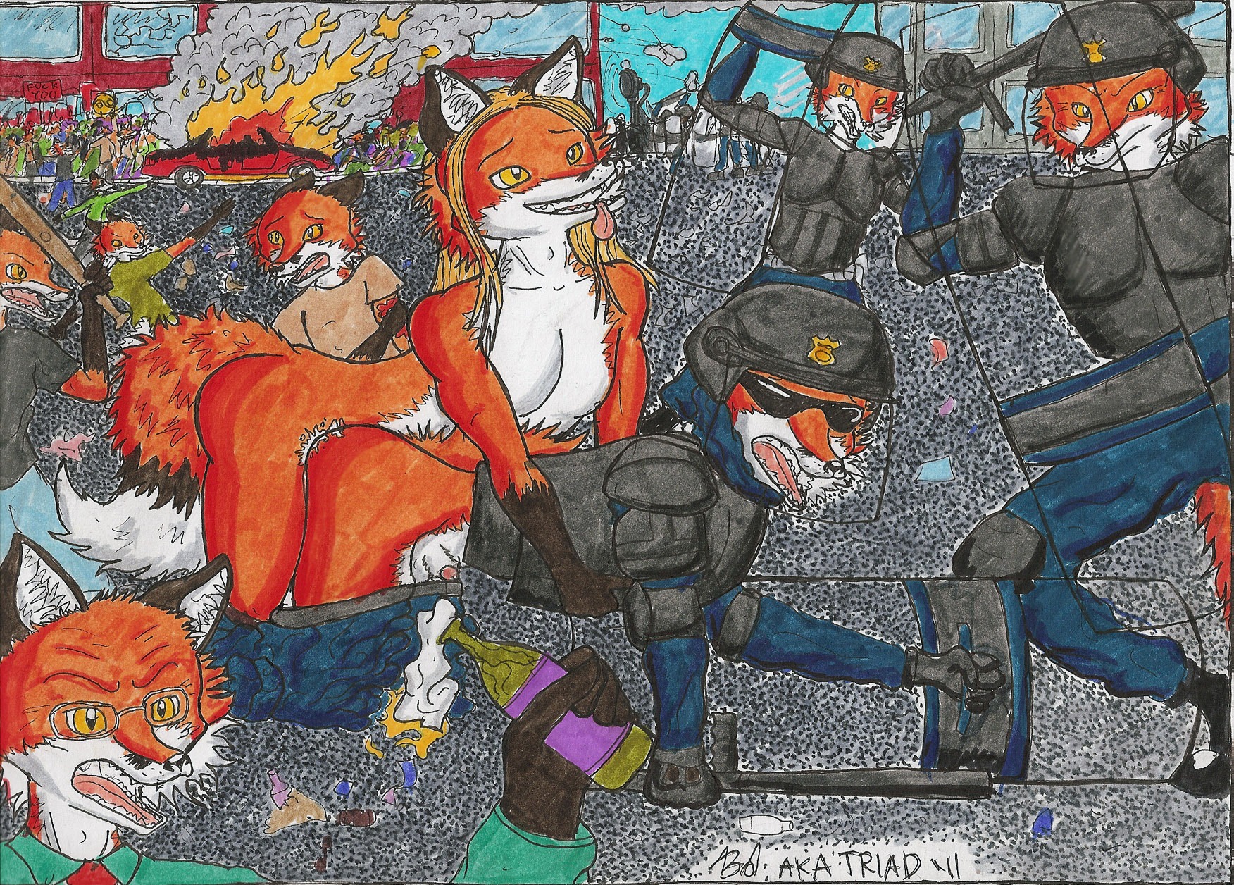 2011 all_fours anal anthro balls bodily_fluids bottomwear bottomwear_down canid canine clothed clothing cum doggystyle e621 forced fox from_behind_position fully_clothed genital_fluids genitals group hi_res inside male male/male male_penetrated male_penetrating male_penetrating_male mammal nude pants pants_down partially_clothed penetration penis penis_tip police rape riot sex tail traditional_media_(artwork) triadfox violence