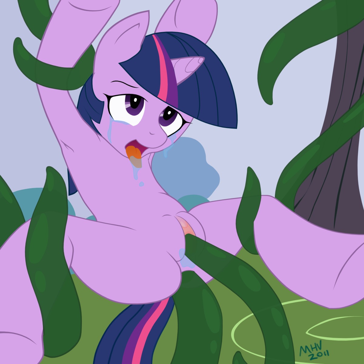 1:1 2011 anal anal_penetration bodily_fluids clitoris crying double_penetration drooling e621 equid equine female feral forced friendship_is_magic fur genitals hair hasbro hi_res horn mahivuuh mammal multicolored_hair multiple_penetration my_little_pony mythological_creature mythological_equine mythology outside penetration plant plant_sex purple_body purple_eyes purple_fur purple_hair rape saliva sex signature sky solo tail tears tentacles tongue tongue_out tree twilight_sparkle_(mlp) two_tone_hair unicorn vaginal vaginal_penetration vulva wood