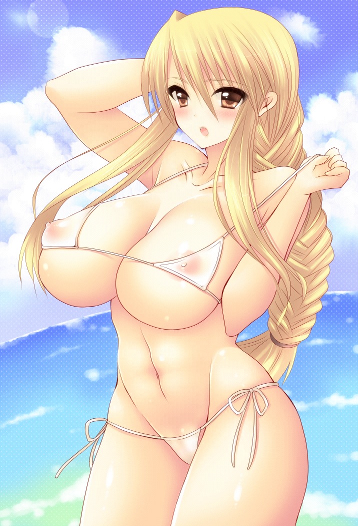 agrias_oaks big_breasts bikini bikini_pull blonde_hair blush braid breasts brown_eyes cleavage erect_nipples female final_fantasy final_fantasy_tactics final_fantasy_tactics_(original) huge_breasts large_breasts long_hair midriff nipples pocopoco rule34 see-through single_braid sky solo swimsuit water