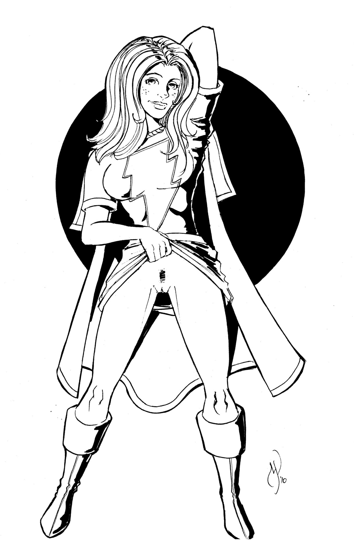 1girls 2010 black_and_white boots clothed clothing dc dc_comics female female_only freckles front_view full_body hand_behind_head human looking_at_viewer mary_batson mary_marvel medium_hair michael_powell monochrome pubic_hair pussy rule34 shazam_(series) simple_background skirt skirt_lift solo standing straight_hair superheroine tagme uncensored white_background