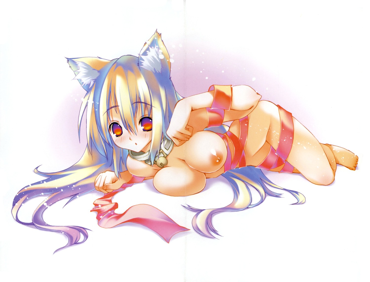 bell blush breasts cleavage copyright_request female grey_hair highres long_hair nude pointy_chin red_eyes ribbon riki rule34 scan