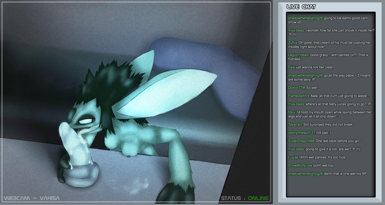 3_fingers arvion bedroom bodily_fluids breasts cam_show chat_box clothed clothing cum cum_pool cum_stains dildo dildo_lick dripping e621 excessive_cum excessive_genital_fluids female fingers fur genital_fluids glowing green_body green_fur hi_res inside licking live livestream long_tongue messy online petresko sex_toy solo tongue tongue_out topless