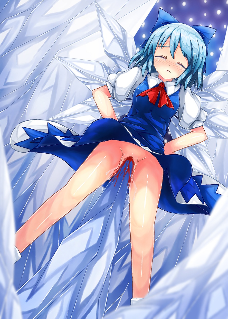 blood blue_hair bow cirno closed_eyes crying dress fairy female gore guro hands_on_hips highres impaled impalement pussy pussy_juice rule34 spike tear touhou uncensored virgin wings