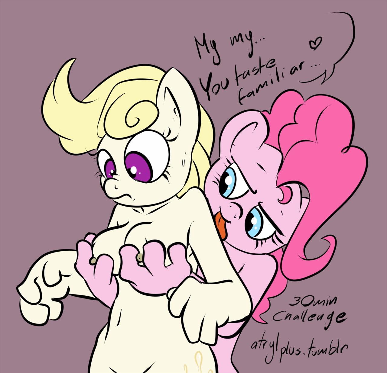 anthro anthrofied atryl blonde_hair bodily_fluids breast_grab breasts cutie_mark dialogue digital_media_(artwork) duo e621 earth_pony english_text equid equine erect_nipples female female/female friendship_is_magic grope hair hand_on_breast hasbro heart_symbol hi_res horse licking mammal my_little_pony navel nipples nude pink_hair pinkie_pie_(mlp) pony simple_background square_crossover surprise_(pre-g4) sweat sweatdrop text tongue tongue_out