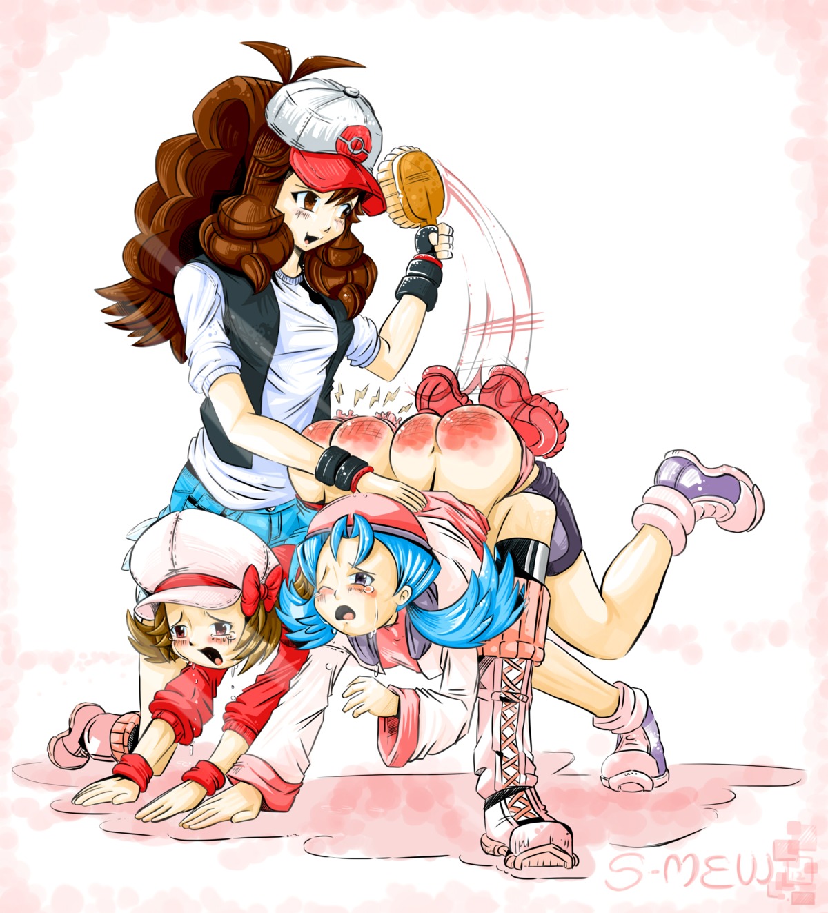 ass bent_over blue_hair boot brown_hair brush clothing color female female_only hair hat headgear hilda_(pokemon) human kris_(pokemon) long_hair lyra_(pokemon) multiple_females multiple_girls open_mouth pokemon pokemon_bw pokemon_gsc pokemon_hgss red_ass rule34 shoe spanking
