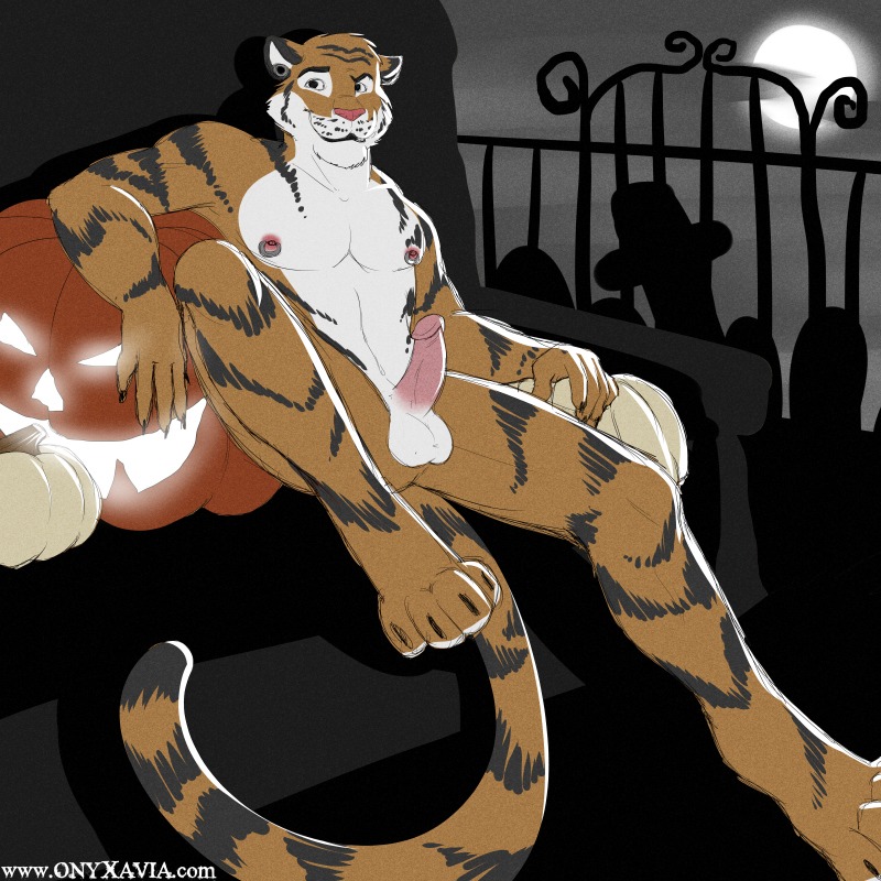 1:1 4_toes anthro balls biped claws digital_media_(artwork) digitigrade e621 erection faust_tigre feet felid food front_view fruit full-length_portrait gate genitals glowing grey_sky halloween hindpaw holidays jack-o'-lantern male mammal moon muscular muscular_anthro muscular_male night nude onyxavia pantherine paws pecs penis piercing plant portrait pumpkin reclining silhouette sitting sky solo stripes tail text three-quarter_view tiger toes url
