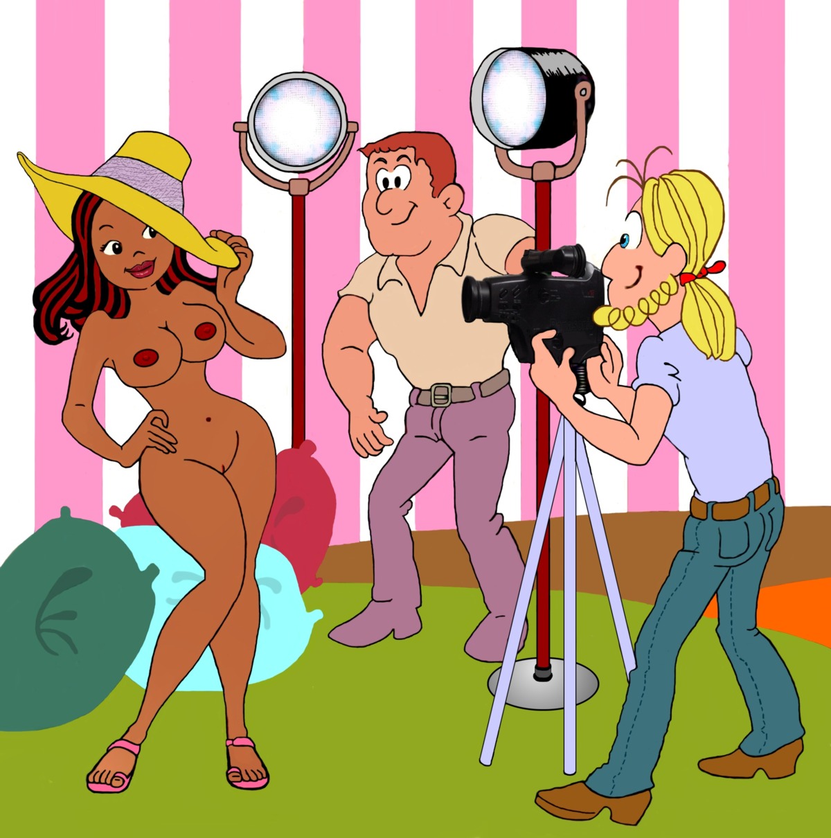 1girls 2boys alugok big_breasts blonde_hair breasts camera clothed_male_nude_female dark-skinned_female dark_skin female floodlight hat hourglass_figure latina long_hair male monica's_gang muscular muscular_male nipples photoshoot rule34 tagme tanned tanned_skin tina_(tdm) turma_da_monica two-tone_hair