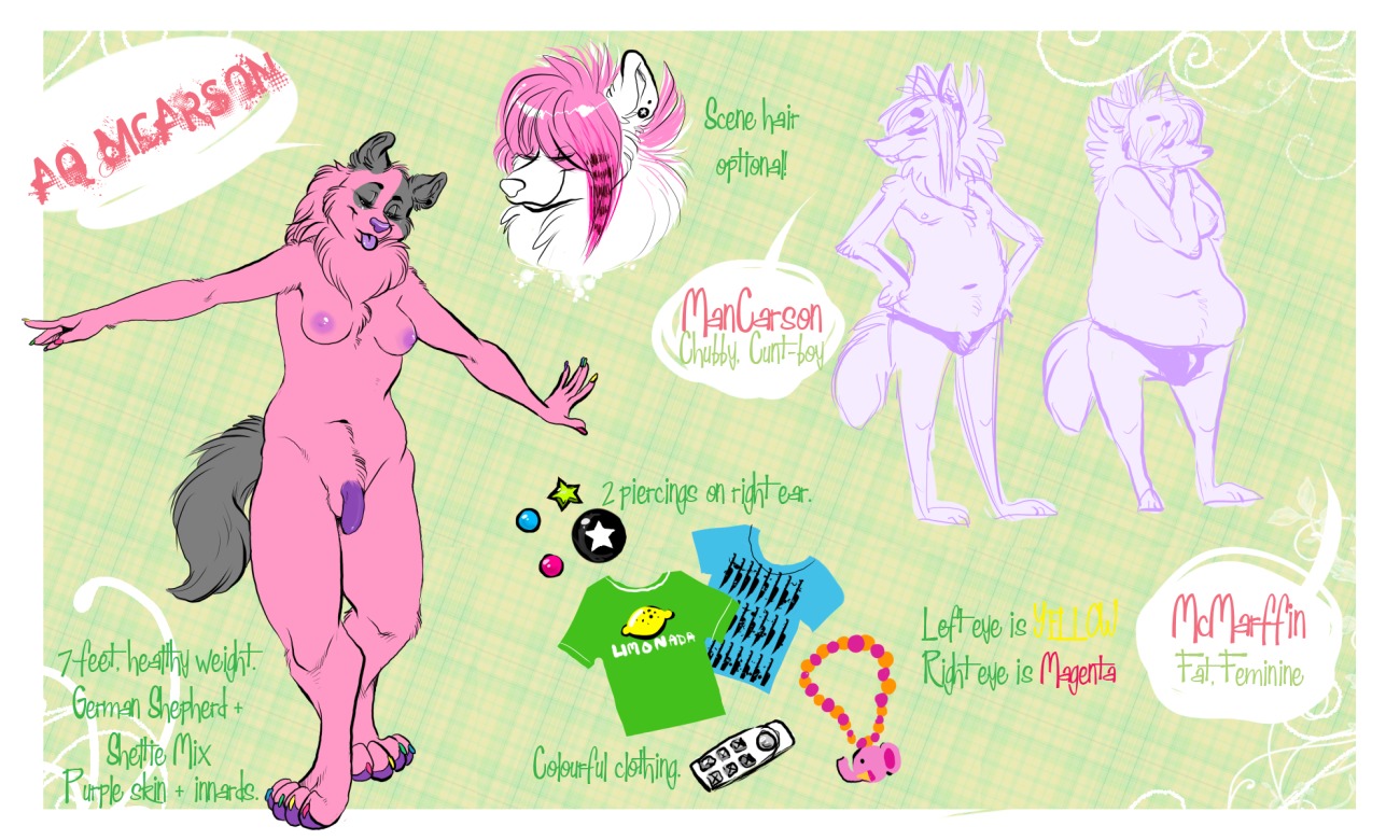 2009 5:3 alternative_fashion andromorph anthro balls blep breasts bulge canid canine canis chest_tuft clothed clothing coontail_hair digital_drawing_(artwork) digital_media_(artwork) domestic_dog e621 ear_piercing english_text eyes_closed flaccid flat_colors fur genitals german_shepherd grapeyguts green_text grey_body grey_fur gynomorph hair herding_dog humanoid_hands intersex jewelry mammal mcarson_(character) model_sheet necklace nipples nude pastoral_dog pawpads penis piercing pink_body pink_fur pink_hair print_clothing print_shirt print_t-shirt print_topwear purple_nose purple_pawpads purple_penis purple_tongue red_text scene_(fashion) scene_haircut shirt slightly_chubby small_breasts smile solo standing t-shirt tail text tongue tongue_out topless topwear tuft yellow_text