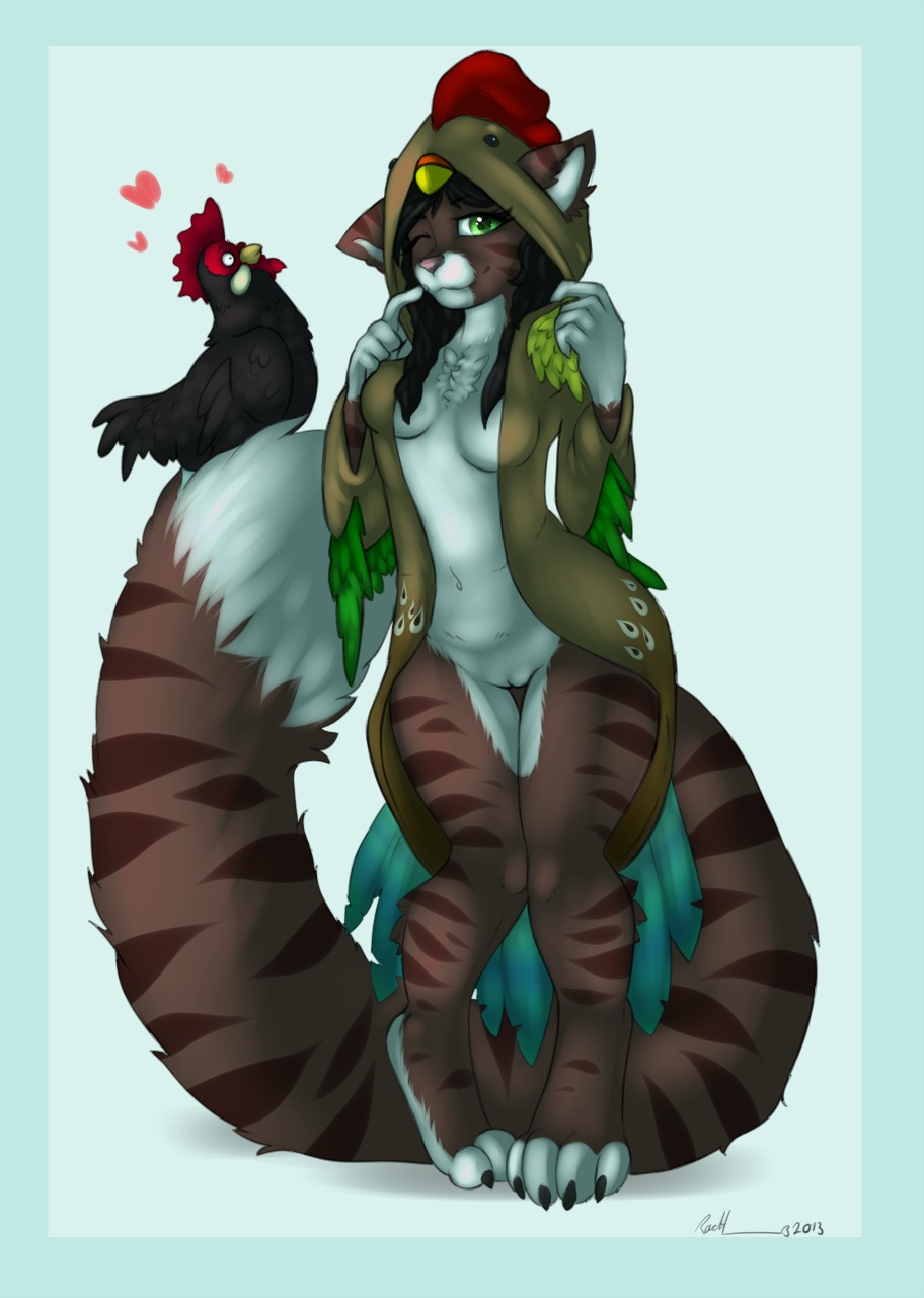 2013 anthro avian beak big_tail bird breasts chest_tuft chicken clothed clothing domestic_cat domestic_pet duo e621 felid feline felis female feral fur furries_with_pets galliform genitals green_eyes heart_symbol hi_res knock-kneed mammal one_eye_closed phasianid rach_verity remmmy skimpy solo_focus stripes tail tuft vulva