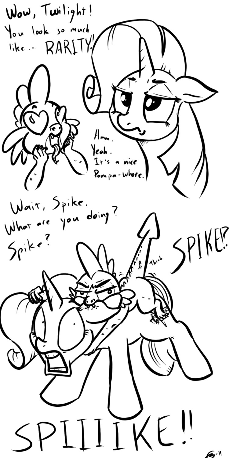 1:2 bite black_and_white comic cutie_mark dialogue digital_drawing_(artwork) digital_media_(artwork) dragon duo e621 english_text equid equine female feral forced friendship_is_magic fur gavalanche gesture hair hasbro hi_res horn humping male mammal monochrome mount my_little_pony mythological_creature mythological_equine mythological_scalie mythology nude rape scalie sex simple_background size_difference spike_(mlp) tail tail_boner tail_gesture text tongue twilight_sparkle_(mlp) unicorn white_background