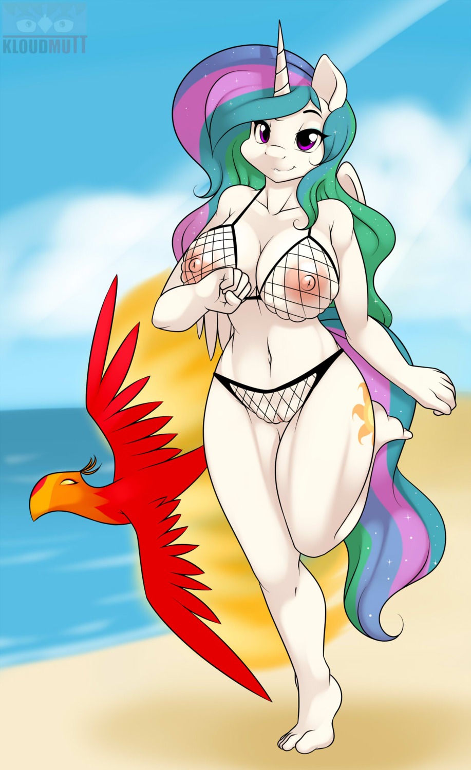 anthro anthrofied avian barefoot beach big_breasts bikini breasts clothing cloud cutie_mark detailed_background digital_media_(artwork) duo e621 equid equine european_mythology feathered_wings feathers feet female fire fishnet_bikini fishnet_clothing fishnet_swimwear friendship_is_magic fur genitals greek_mythology hair hasbro hi_res horn kloudmutt long_hair looking_at_viewer mammal my_little_pony mythological_avian mythological_bird mythological_creature mythological_equine mythological_firebird mythology navel nipples nipples_visible_through_clothing outside philomena_(mlp) phoenix pink_eyes princess_celestia_(mlp) sand seaside sky smile standing swimwear two-piece_swimsuit vulva water white_body white_fur winged_unicorn wings