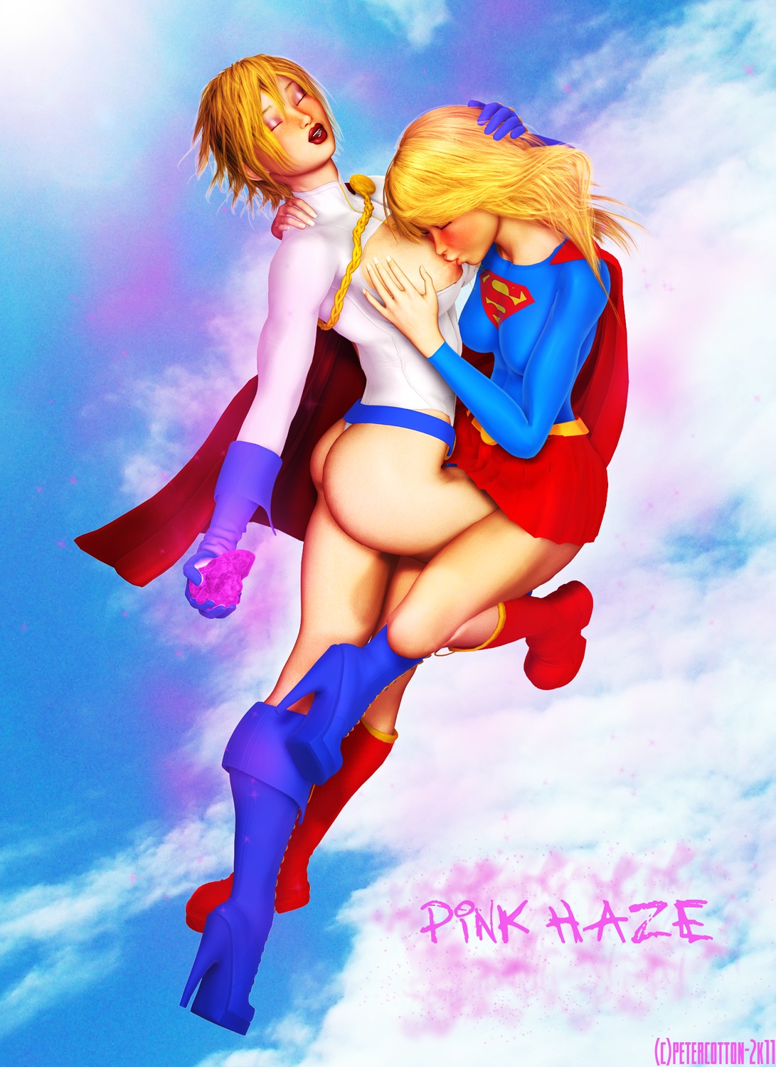 2girls 3d dc dc_comics eyeshadow female kara_danvers kara_zor-el kara_zor-l karen_starr kryptonite lipstick makeup multiple_females multiple_girls nipples petercotton pink_kryptonite power_girl rule34 selfcest supergirl superman_(series) yuri