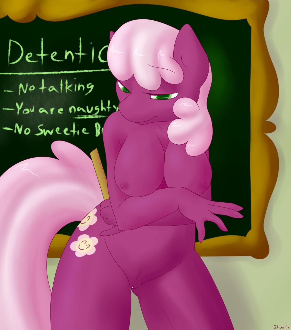 anthro anthrofied biped breasts cheerilee_(mlp) conditional_dnp digital_media_(artwork) e621 earth_pony equid equine female friendship_is_magic genitals hasbro hi_res horse looking_at_viewer mammal my_little_pony nipples nude pony presenting skoon solo standing tail vulva