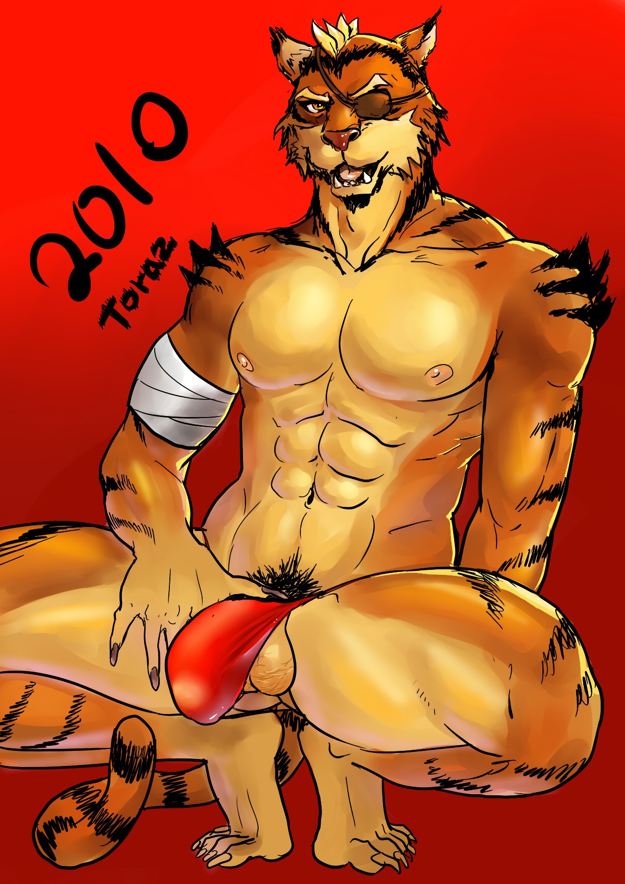 2010 abs anthro balls bandage barazoku biceps bulge clothing crouching e621 eye_patch eyewear felid genitals hi_res inmomakuro male mammal muscular muscular_male nipples pantherine pecs solo spread_legs spreading stripes tail thong tiger toraz underwear