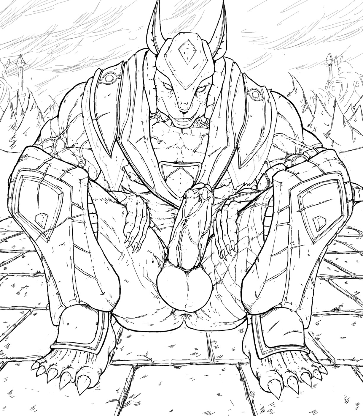 5_fingers 5_toes anthro anubian_jackal anus armor balls biceps canid canine canis claws ducati e621 erection feet fingers foreskin genitals hi_res humanoid_genitalia humanoid_penis jackal league_of_legends looking_at_viewer male mammal monochrome muscular muscular_anthro muscular_male nasus_(lol) nipples partially_retracted_foreskin pecs penis riot_games sketch solo tencent toe_claws toes vein