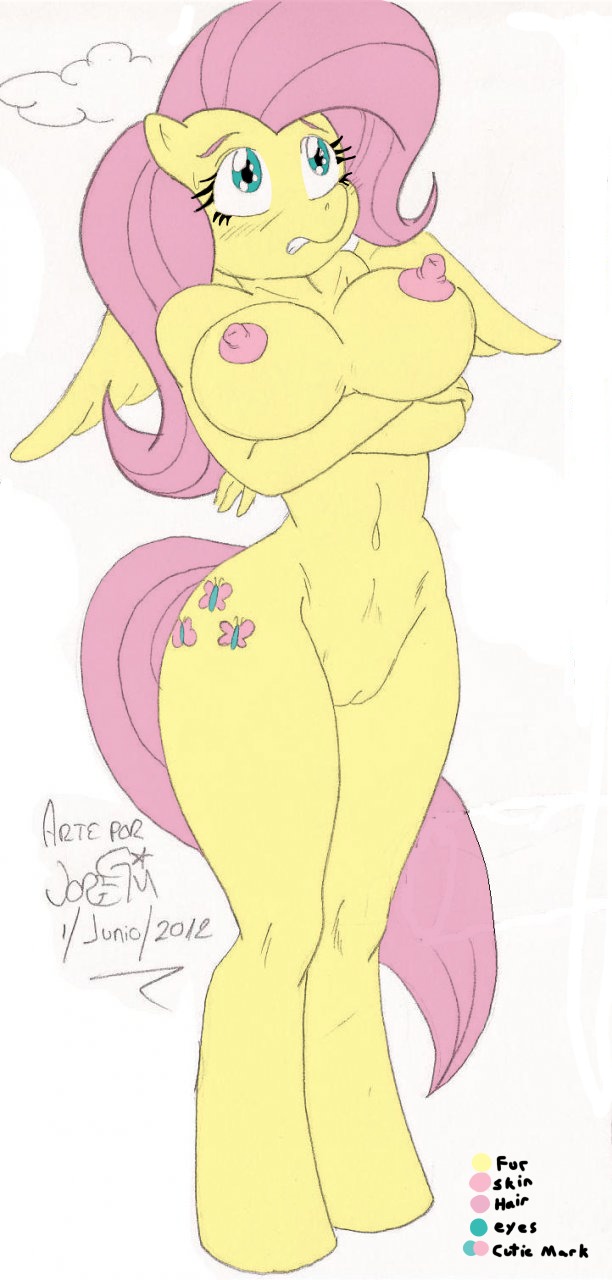 anthro anthrofied big_breasts breasts cutie_mark e621 english_text equid equine feathered_wings feathers female fluttershy_(mlp) friendship_is_magic genitals hair hasbro hi_res jojocoso mammal my_little_pony mythological_creature mythological_equine mythology navel nipples pegasus pink_hair solo tail text vulva wings yellow_body yellow_feathers