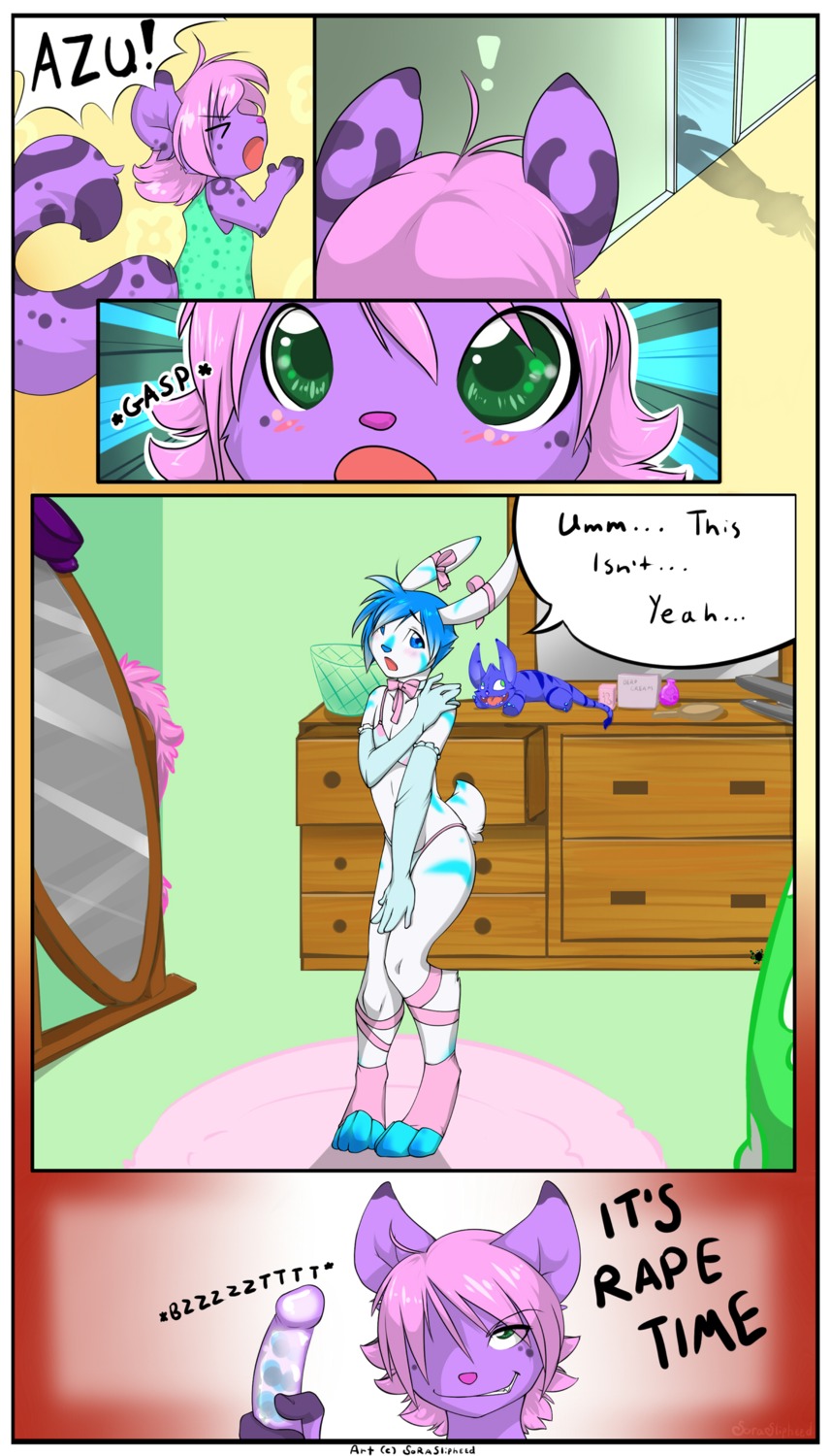 4:7 5_fingers absurd_res anthro azu blue_eyes blush clothed clothing comic crossdressing dildo domestic_cat duo e621 embarrassed felid feline felis female femboy fingers green_eyes hair hi_res imminent_rape imminent_sex lagomorph leopard leporid male male/female mammal pantherine party_time rabbit rape_face sex_toy short_hair snow_leopard soraslipheed tail vibrator