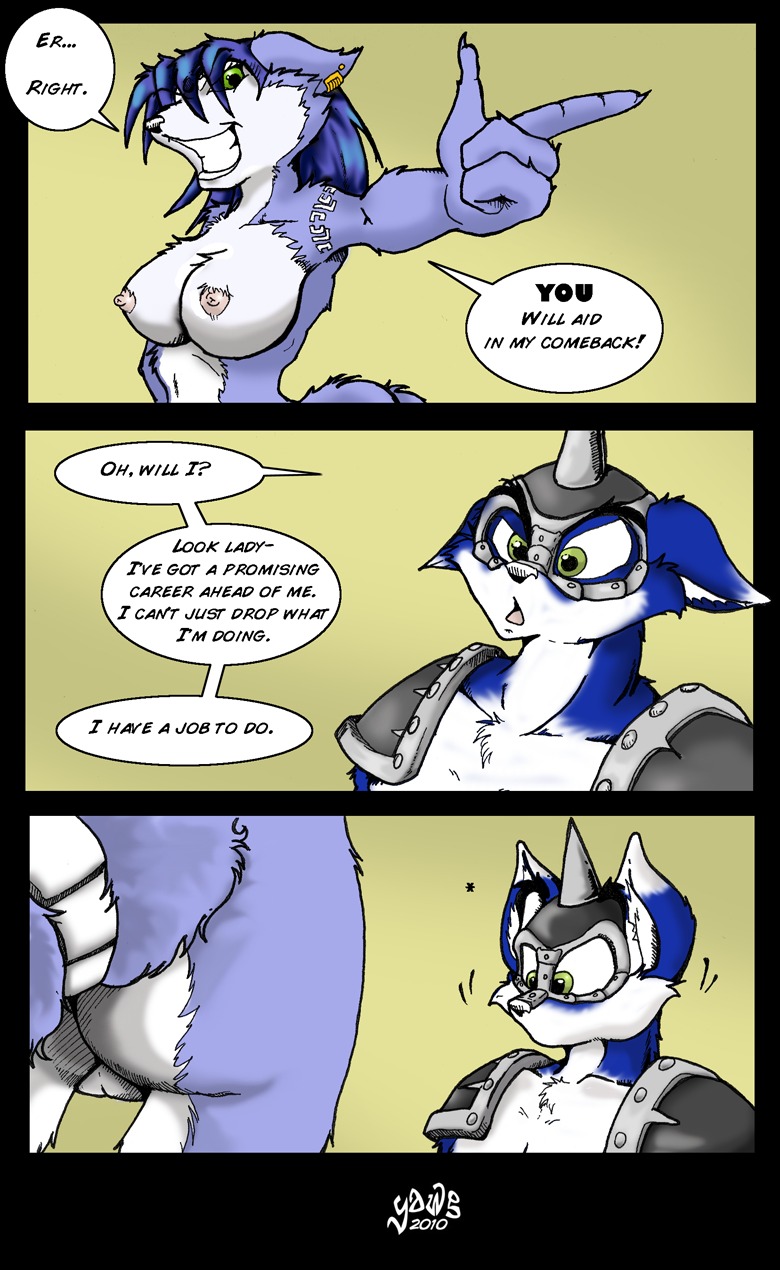 anthro blue_body blue_fur blue_hair breasts canid canine comic dialogue duo e621 english_text female fox fur genitals hair hi_res krystal_(star_fox) mammal nintendo nipples star_fox text vulva white_body white_fur yawg