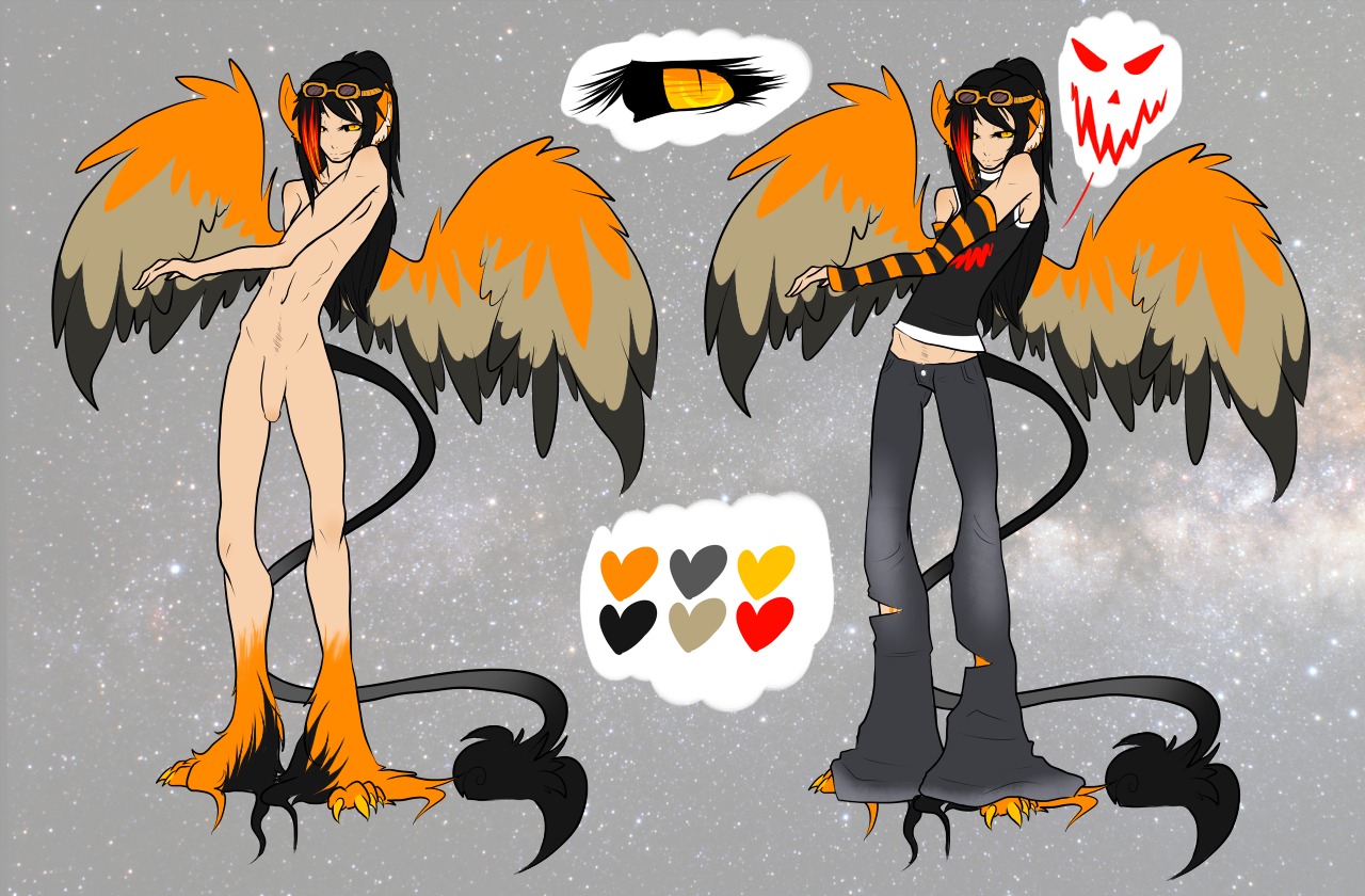 anthro claws color_swatch e621 eyewear feathered_wings feathers flaccid flat_colors genitals goggles labrum male model_sheet nude penis solo tail wings