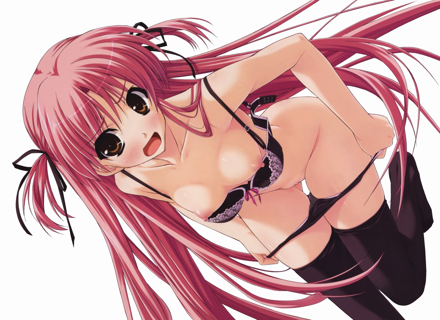 amatsu_misora_ni! blush bra breasts cover dvd_cover female highres kiyosumi_serika lingerie nipples pink_hair puffy_nipples rule34 shintarou simple_background thigh_gap thighhighs two_side_up underwear undressing