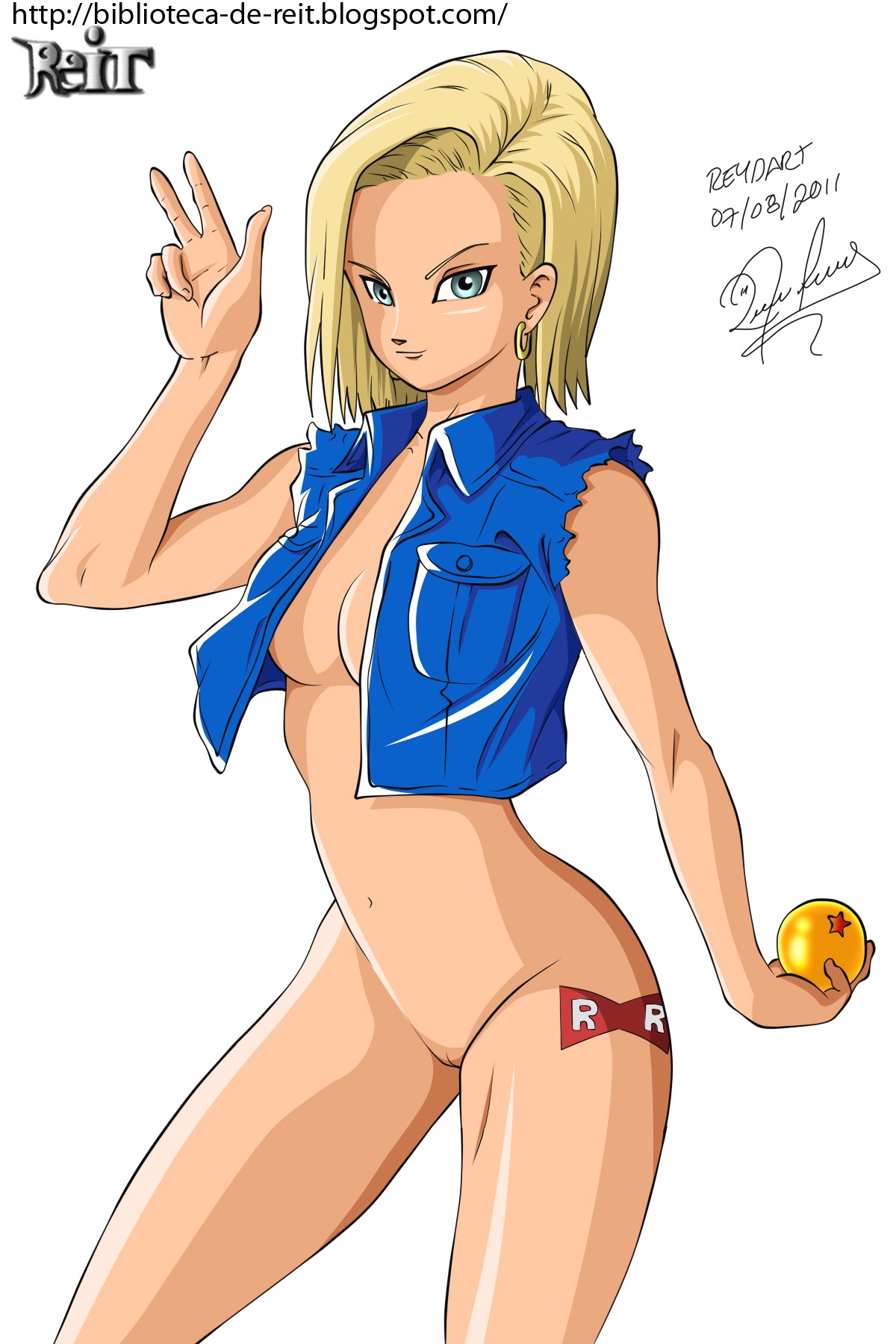 almost_nude android android_18 big_breasts blonde blonde_female blonde_hair blue_eyes blue_vest boob_window bottomless breasts cyborg cyborg_(designation) dragon_ball dragon_ball_(object) dragon_ball_super dragon_ball_z earring earrings female jacket looking_at_viewer navel nude open_clothes pussy red_ribbon_army reit rule34 semi_nude short_hair sleeveless_jacket solo tattoo vagina vest