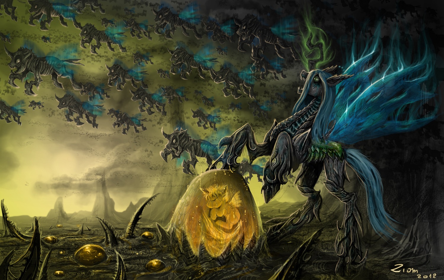 2012 ambiguous_gender arthropod blizzard_entertainment changeling_(mlp) crossover drone_(mlp) e621 egg feathered_wings feathers female feral flesh_structure friendship_is_magic group hasbro hi_res horn insect_wings my_little_pony pustule quadruped queen queen_chrysalis_(mlp) royalty starcraft tail wings ziom05