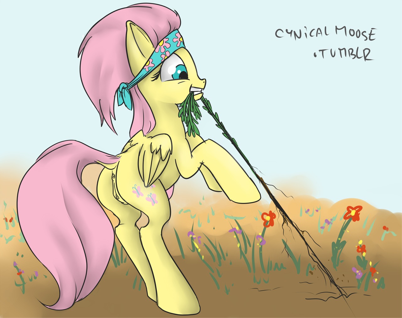 anus clothing cutie_mark cynicalmoose e621 equid equine feathered_wings feathers female feral flower fluttershy_(mlp) friendship_is_magic fur genitals green_eyes hair hasbro kerchief mammal my_little_pony mythological_creature mythological_equine mythology pegasus pink_hair plant roots solo tail vulva wings yellow_body yellow_feathers yellow_fur
