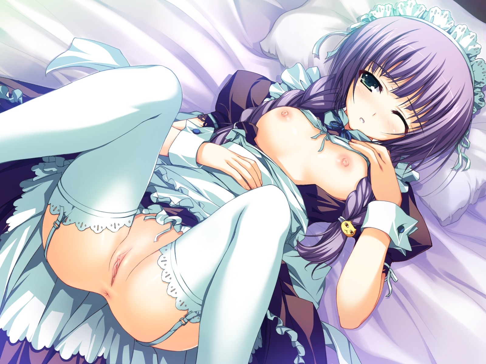 1girls akatsuki_no_goei anus areolae bed blush braid breasts female female_only game_cg green_eyes hair_ribbon highres lace lace-trimmed_thighhighs maid maid_headdress nipples no_panties on_back pillow purple_hair pussy ribbon rule34 shirt_lift solo stockings thighhighs tomose_shunsaku tsuki_(akatsuki_no_goei) twin_braids uncensored white_legwear white_thighhighs wink wrist_cuffs