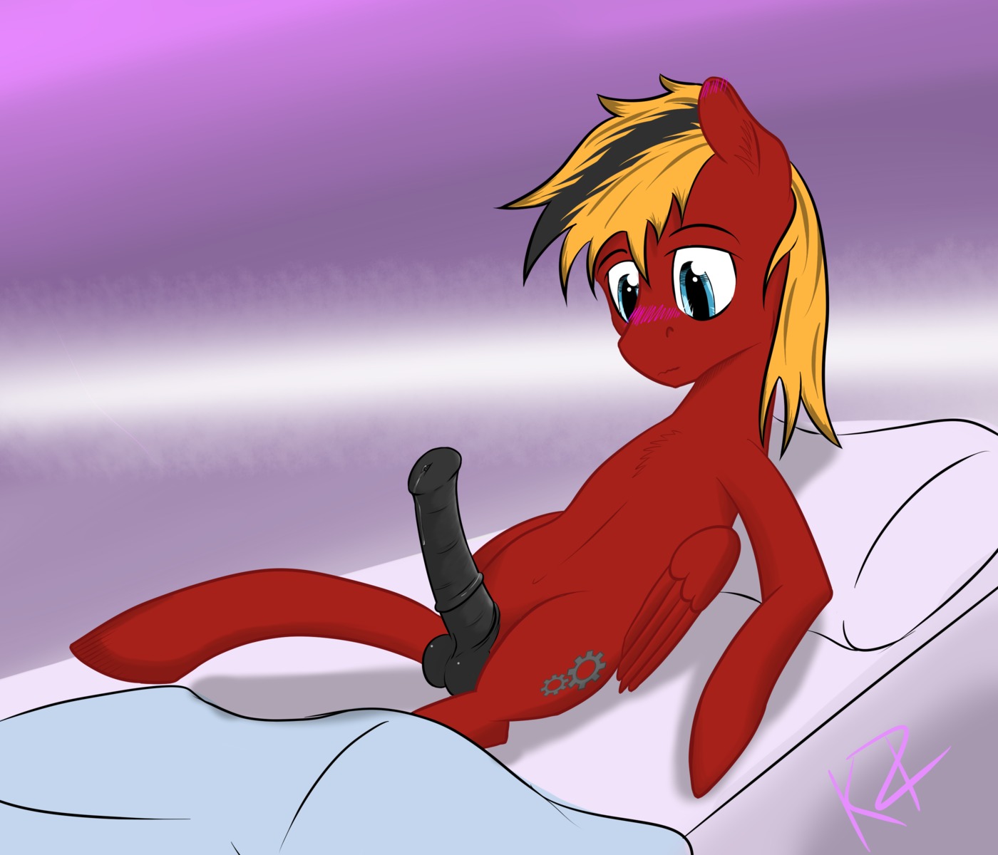 2013 absurd_res animal_genitalia animal_penis balls bed black_hair black_penis blonde_hair blue_eyes blush bodily_fluids cutie_mark e621 ear_blush equid equine equine_genitalia equine_penis erection fan_character feathered_wings feathers fur furniture gear_(mlp) genital_fluids genitals hair hasbro hi_res looking_at_genitalia looking_at_penis male mammal morning_wood multicolored_hair my_little_pony mythological_creature mythological_equine mythology pegasus penis pillow precum red_body red_fur red_wings solo two_tone_hair twotail813 wings