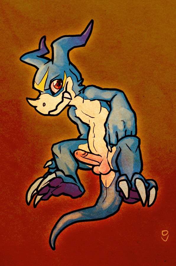 anthro blue_skin digimon full_body male male_only nude penis red_eyes rule34 smile solo tagme veemon white_skin