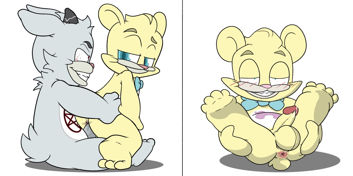 2014 2:1 4_toes anal anal_penetration anthro anus balls barefoot bear bear_nuts biped blush bodily_fluids bow_(feature) bow_tie butt chair_position cum cum_in_ass cum_inside duo e621 erection evil_bear feet from_behind_position fur gay_bear genital_fluids genitals half-closed_eyes happy hi_res horn humanoid_genitalia humanoid_penis inverted_pentacle jerseydevil looking_at_viewer lying male mammal multiple_scenes narrowed_eyes nude occult_symbol on_back penetration penis pentacle presenting presenting_hindquarters red_eyes sex shadow sharp_teeth simple_background smile solo spread_legs spreading symbol teal_eyes teeth toes white_background