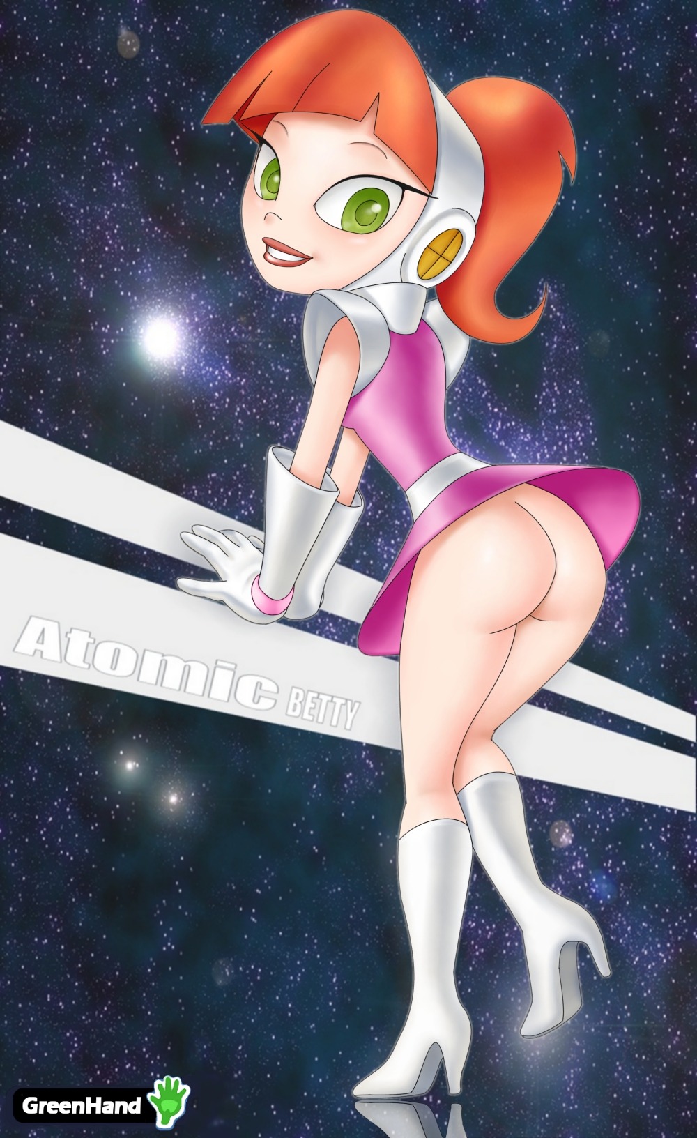 1girls ass atomic_betty betty_barrett boots dress eyes female female_focus female_only gloves green_eyes greenhand helmet high_heel_boots high_heels human lipstick looking_back no_panties open_eyes ponytail red_hair rubber rubber_boots rubber_clothing rubber_dress rubber_gloves rule34 shiny_clothes smile solo source_request standing tied_hair upskirt white_boots