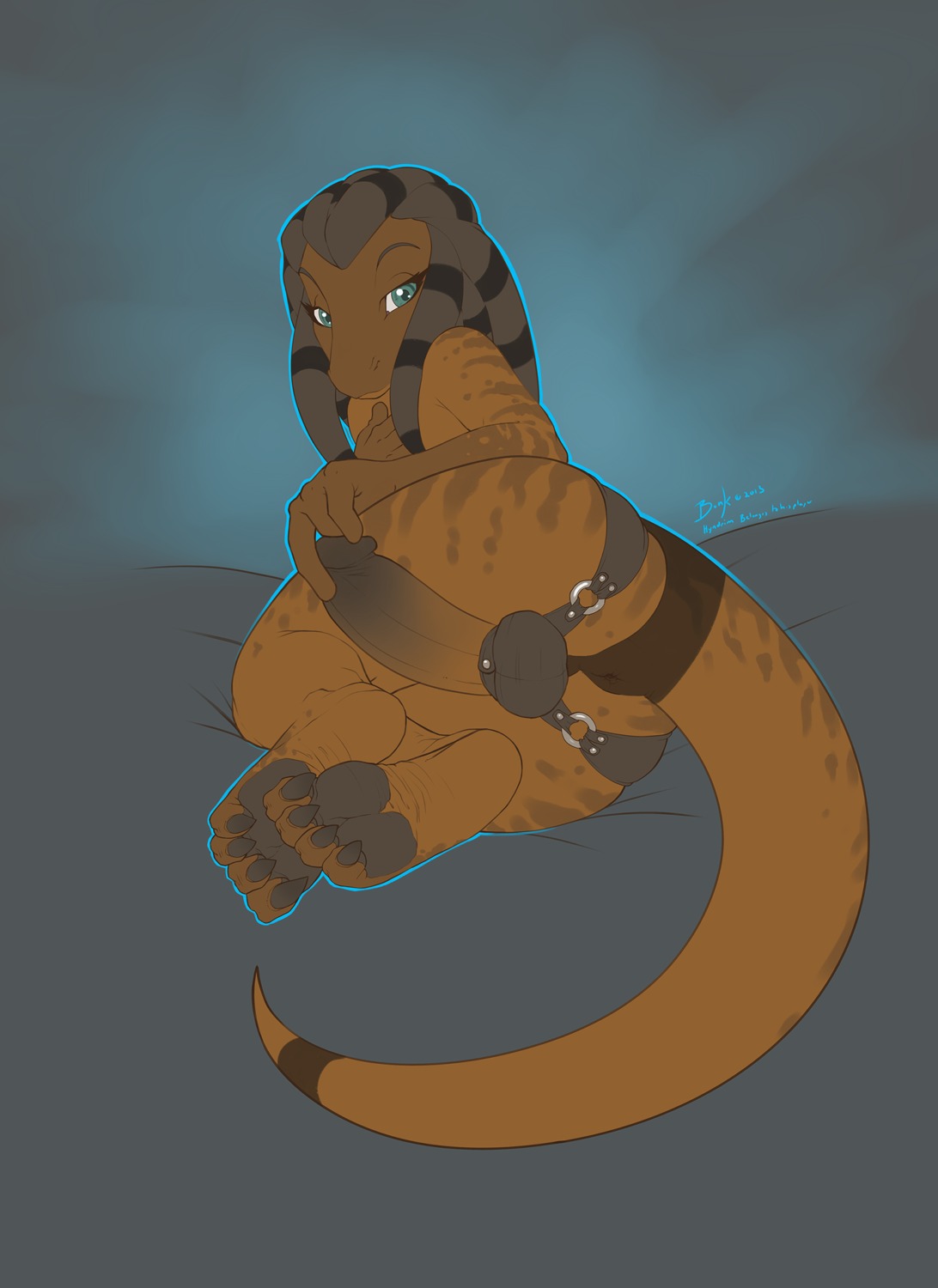 2013 4_toes absurd_res anthro anus backsack balls biped bonk brown_body brown_scales bulge butt claws clothing digital_media_(artwork) dreadlocks e621 erection eyelashes feet femboy genitals hair half-closed_eyes hi_res hindpaw holding_own_penis holding_penis humanoid_genitalia humanoid_penis hyndrim leather lizard looking_at_viewer lying male narrowed_eyes nude on_side pawpads paws penis pose presenting presenting_hindquarters reptile scales scalie soles solo tail teal_eyes tendrils thick_tail thong toe_claws toes underwear