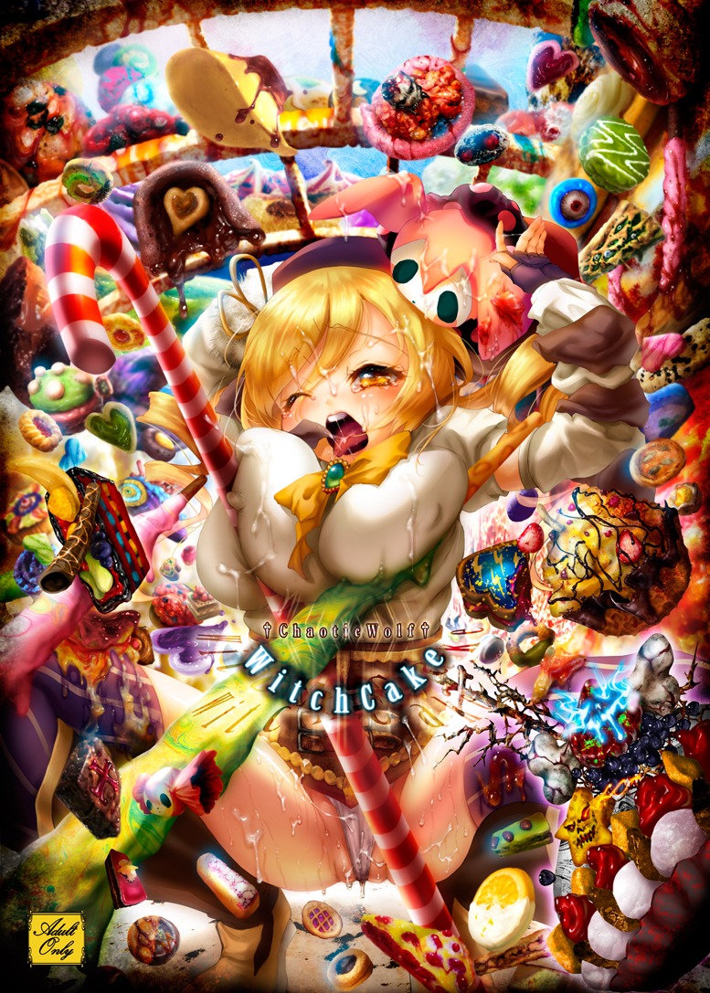 blonde_hair breast_squeeze breasts cake candy candy_cane charlotte_(madoka_magica) cover cupcake drill_hair female fingerless_gloves food gloves hat inuboe long_hair magical_girl mahou_shoujo_madoka_magica messy open_mouth panties rule34 short_hair spread_legs sweets thighhighs tied_hair tomoe_mami twin_drills twintails underwear wink yellow_eyes
