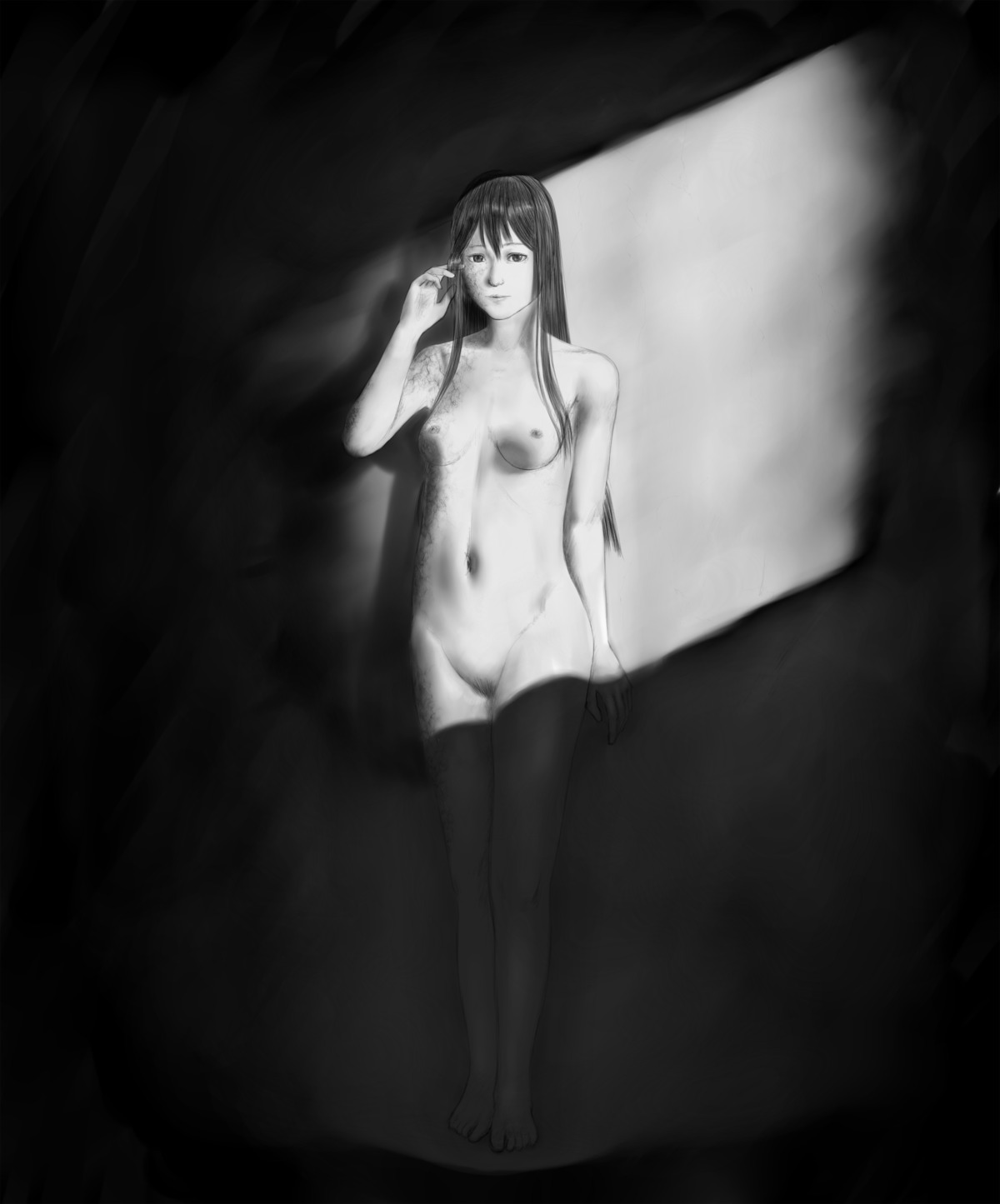 1girls areolae bare_shoulders barefoot bottomless breasts burn_scar completely_nude female female_only female_pubic_hair full_body greyscale hair_between_eyes ikezawa_hanako katawa_shoujo long_hair looking_at_viewer medium_breasts monochrome navel nipples no_bra no_panties nude pubes pubic_hair pussy rule34 scar scars shy small_nipples solo standing topless