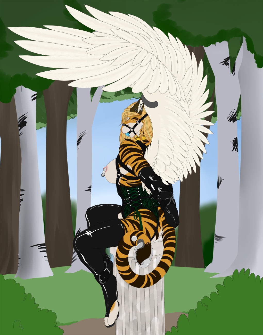 2013 accelo ankle_cuffs anthro armbinder azazial ball_gag bdsm binder_(restraint) biped blue_sky bondage bondage_gear bound breasts clothing collar column corset cuff_(restraint) detailed_background e621 eyes_closed fangs feathered_wings feathers felid female footwear forest furgonomic_piercing furgonomics gag gagged gold_(metal) gold_collar hair halter hands_behind_back harness harness_ball_gag harness_gag hi_res lacing latex legwear lingerie mammal metal_collar multiple_piercings muzzle_(object) muzzled nipple_piercing nipple_ring nipples outside pantherine piercing pillar plant restraints ring_piercing shackles sitting sky socks solo stockings stripes submissive submissive_female tail tail_piercing teeth tiger toeless_footwear toeless_socks topwear tree white_body white_feathers wings