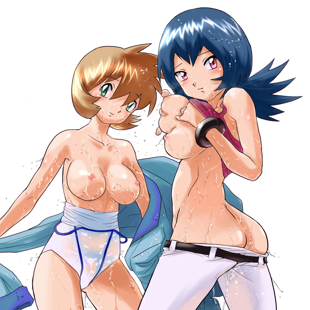 black_hair breast_hold breast_lift breasts brown_hair female female_only game_freak green_eyes gym_leader human human_only kasumi_(pokemon) misty_(pokemon) misty_(pokemon_hgss) multiple_females multiple_girls nintendo no_panties nude otsukare pink_eyes pokemon pokemon_hgss pokemon_rgby pubic_hair rule34 sabrina_(pokemon) sabrina_(pokemon_hgss) see-through shirt_lift small_nipples straight_hair swimsuit_pull topless wet yuri