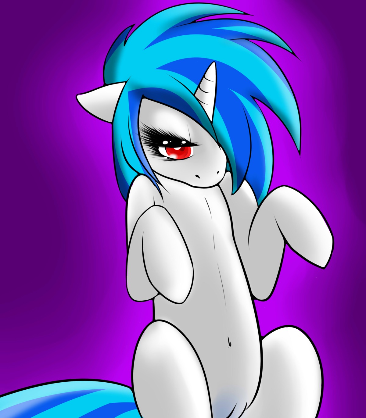 2012 absurd_res blue_hair deerkosprince e621 equid equine eyewear female feral friendship_is_magic genitals hair hasbro hi_res horn mammal multicolored_hair my_little_pony mythological_creature mythological_equine mythology quadruped red_eyes solo tail two_tone_hair unicorn vinyl_scratch_(mlp) vulva