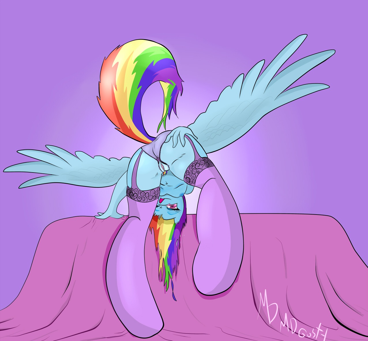 anthro anthrofied anus bed biped blue_body blue_feathers blue_fur breasts butt clothing crotchless_clothing crotchless_panties crotchless_underwear digital_media_(artwork) e621 equid equine feathered_wings feathers female friendship_is_magic fur furniture genitals hair hasbro legwear lingerie long_hair mammal mdgusty multicolored_hair multicolored_tail my_little_pony mythological_creature mythological_equine mythology nipples panties pegasus presenting presenting_hindquarters purple_eyes rainbow_dash_(mlp) rainbow_hair rainbow_tail raised_tail signature simple_background solo spread_butt spread_wings spreading stockings tail thigh_highs tongue tongue_out translucent translucent_clothing underwear vulva wings