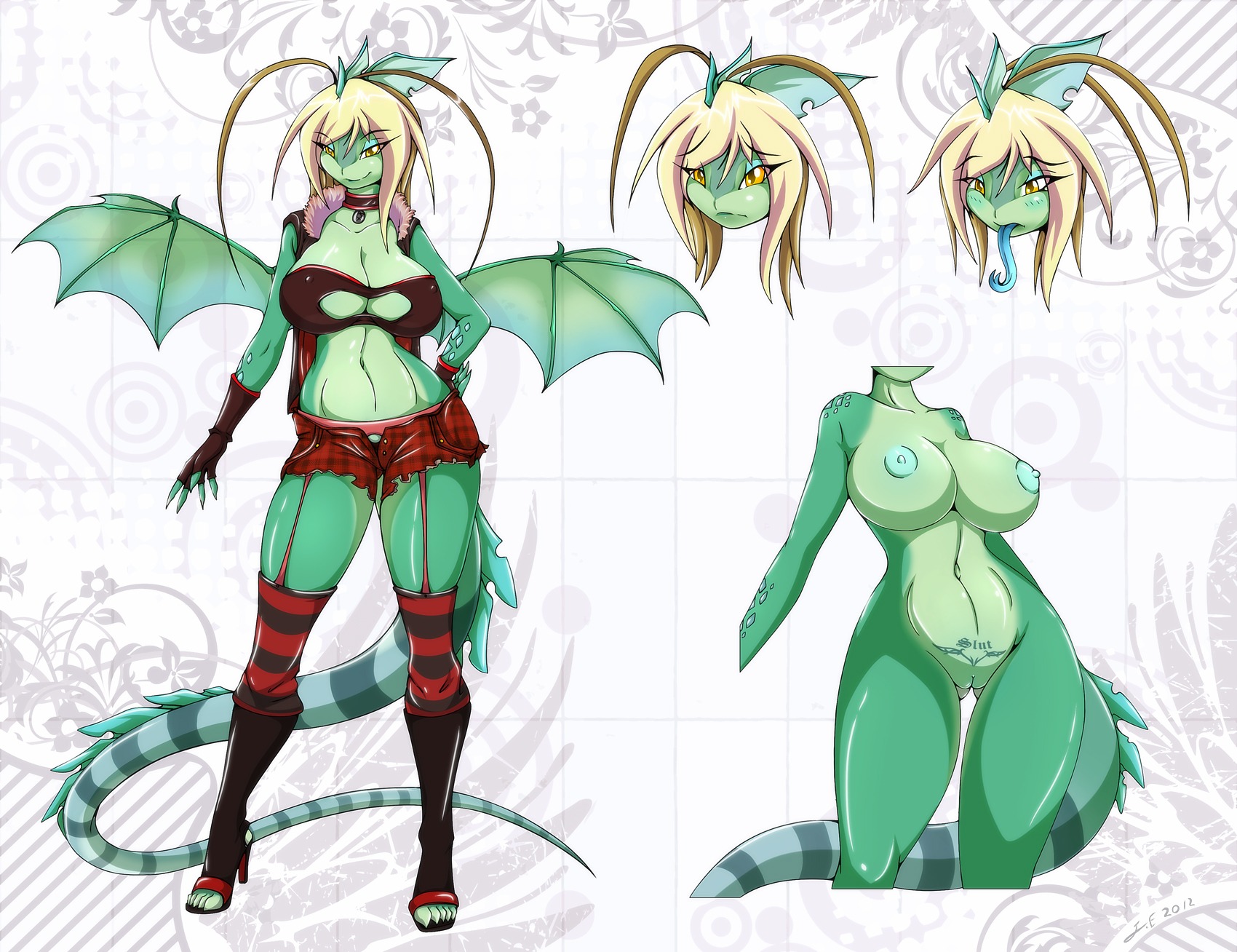 alternative_fashion anthro art_nouveau big_breasts boots bottomwear breasts cleavage clothed clothing crocodile crocodilian dragon e621 female footwear genitals hi_res high_heeled_boots high_heels legwear markings matypup membrane_(anatomy) membranous_wings model_sheet mythological_creature mythological_scalie mythology nipples non-mammal_breasts non-mammal_nipples nude reptile scalie shirt shoes shorts skimpy solo stockings tail tattoo thigh_highs tongue tongue_out topwear vulva wings yellow_eyes