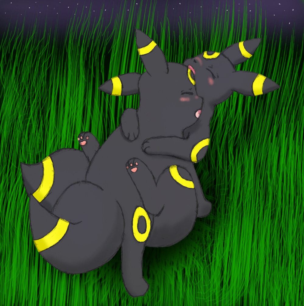 ambiguous_gender blush duo e621 eeveelution eyes_closed feral feral_on_feral fur fur_markings generation_2_pokemon grass intraspecies male male/ambiguous markings night nintendo outside paws plant pokemon pokemon_(species) sex sky star starry_sky tail umbreon unknown_artist yellow_markings
