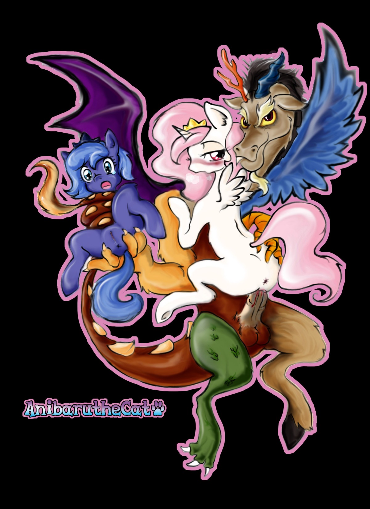 2013 anibaruthecat antlers anus balls black_background blood blue_body blue_feathers blue_fur blush bodily_fluids breath butt chimera cutie_mark digital_media_(artwork) discord_(mlp) draconequus e621 english_text equid equine erection feathered_wings feathers female female_feral feral friendship_is_magic fur genitals group hair hasbro hi_res horn indirect_incest_(lore) interspecies male male/female male_penetrating mammal membrane_(anatomy) membranous_wings my_little_pony mythological_creature mythological_equine mythology nude panting penetration penis pink_hair princess princess_celestia_(mlp) princess_luna_(mlp) purple_eyes red_eyes royalty sex shallow_penetration simple_background tail text vaginal vaginal_penetration vulva white_body white_feathers white_fur winged_unicorn wings
